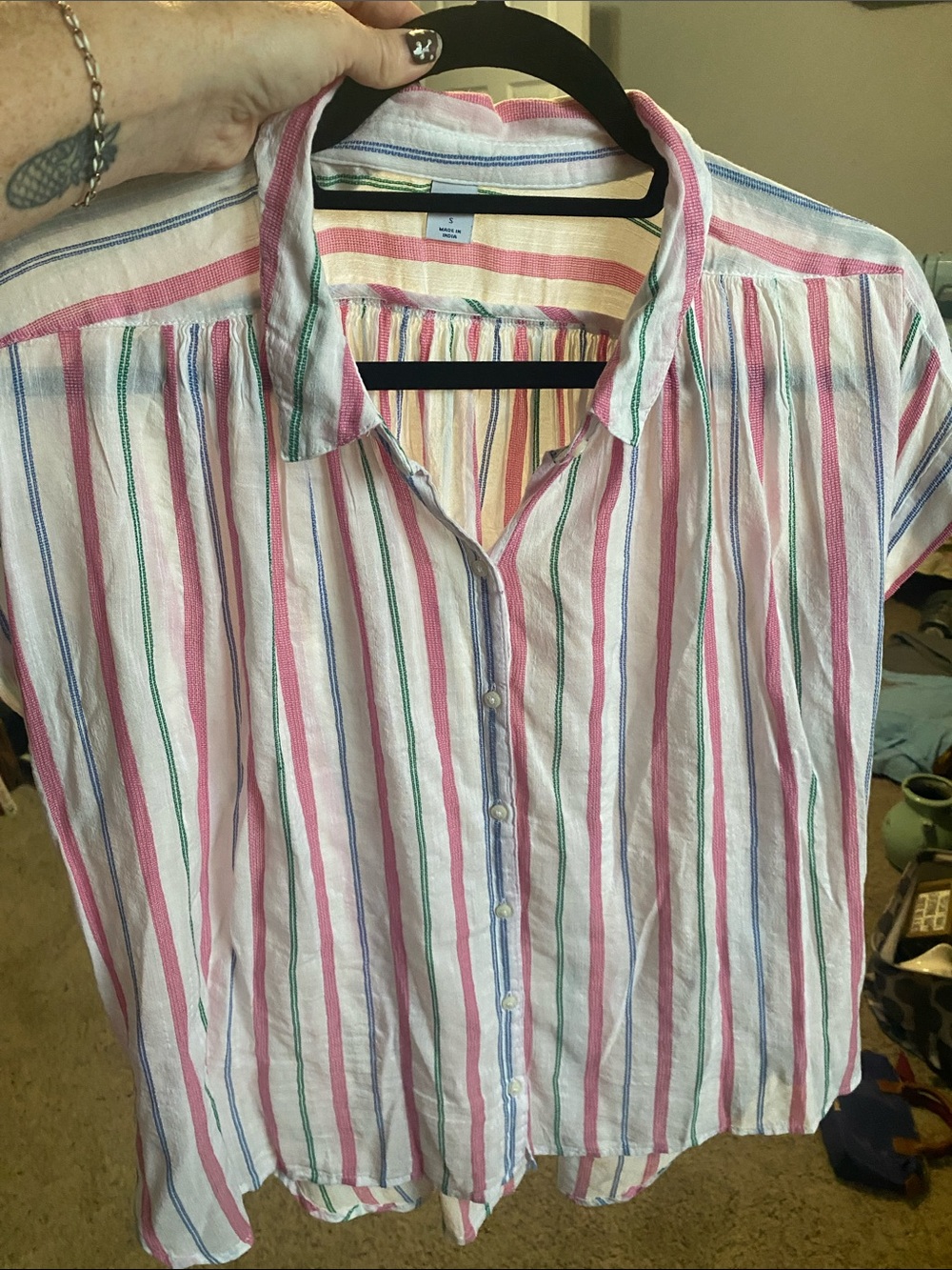Old Navy White Button-Down Shirt with Pink, Green & Blue Stripes